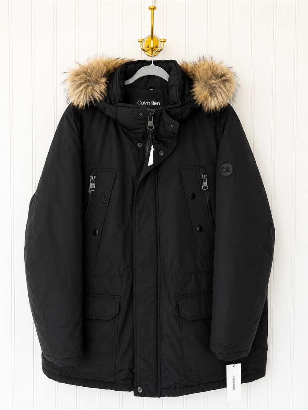 Calvin Klein Black Parka with Faux Fur Hood Trim, Men’s